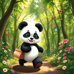 A cute panda cub named Jeko, holding a small picnic bag, walking through a dense, lush green forest