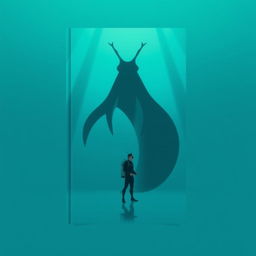 A minimalist book cover design featuring a lone diver in a wetsuit, standing confidently in front of the silhouette of a massive slug, depicting a surreal and captivating contrast