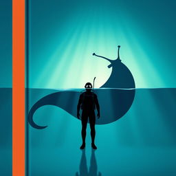 A minimalist book cover design featuring a lone diver in a wetsuit, standing confidently in front of the silhouette of a massive slug, depicting a surreal and captivating contrast