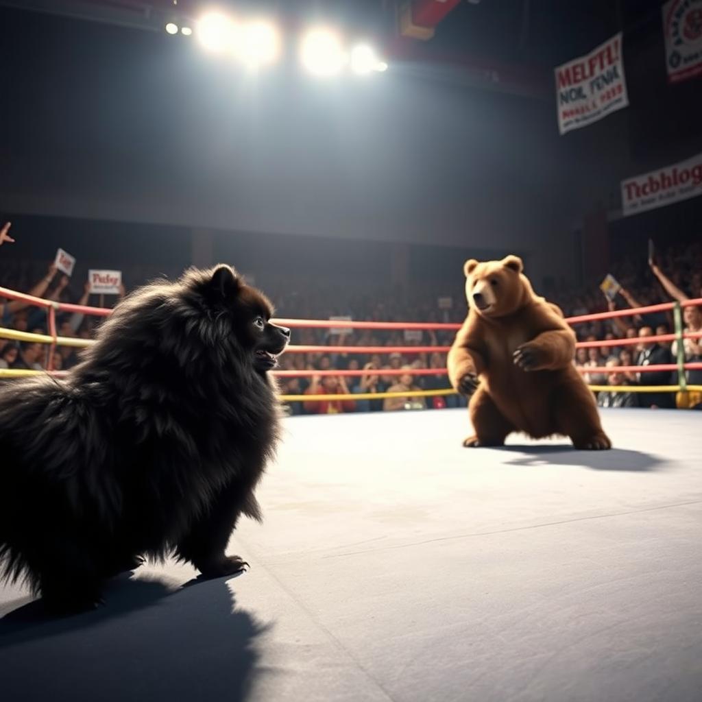 A dramatic scene inside a boxing arena where a big black Pomeranian is playfully engaged in a mock fight with a bear