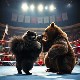 A dramatic scene inside a boxing arena where a big black Pomeranian is playfully engaged in a mock fight with a bear