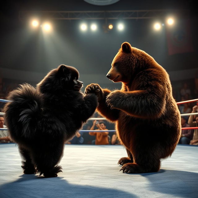 A dramatic scene inside a boxing arena where a big black Pomeranian is playfully engaged in a mock fight with a bear