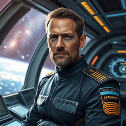 A realistic depiction of a 40-year-old male galactic fleet officer on the bridge of a starship