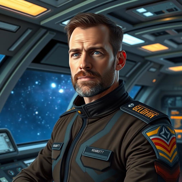 A realistic depiction of a 40-year-old male galactic fleet officer on the bridge of a starship