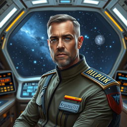 A realistic depiction of a 40-year-old male galactic fleet officer on the bridge of a starship