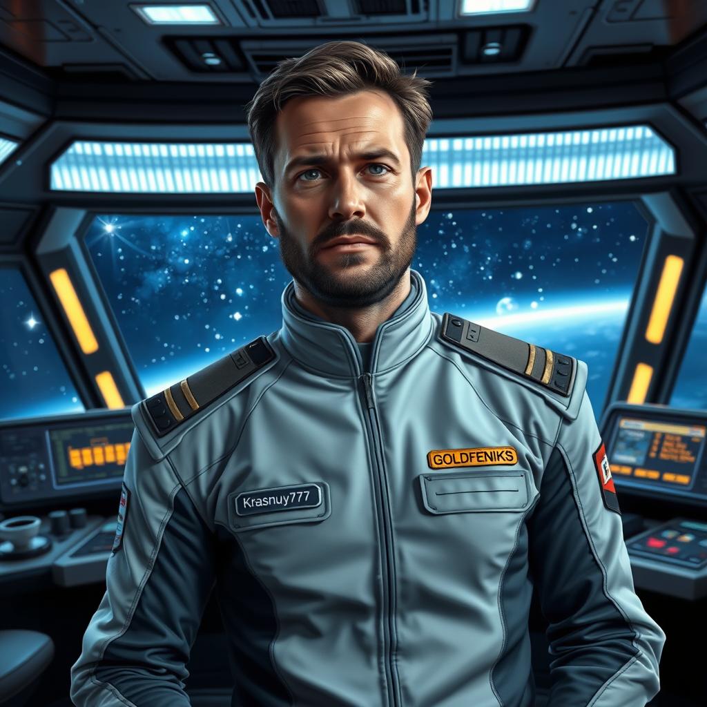 A realistic depiction of a 40-year-old male galactic fleet officer on the bridge of a starship