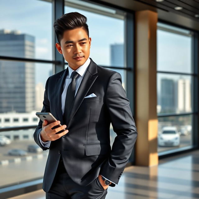 A handsome Indonesian Asian man with a stylish high haircut, dressed in an elegant business suit