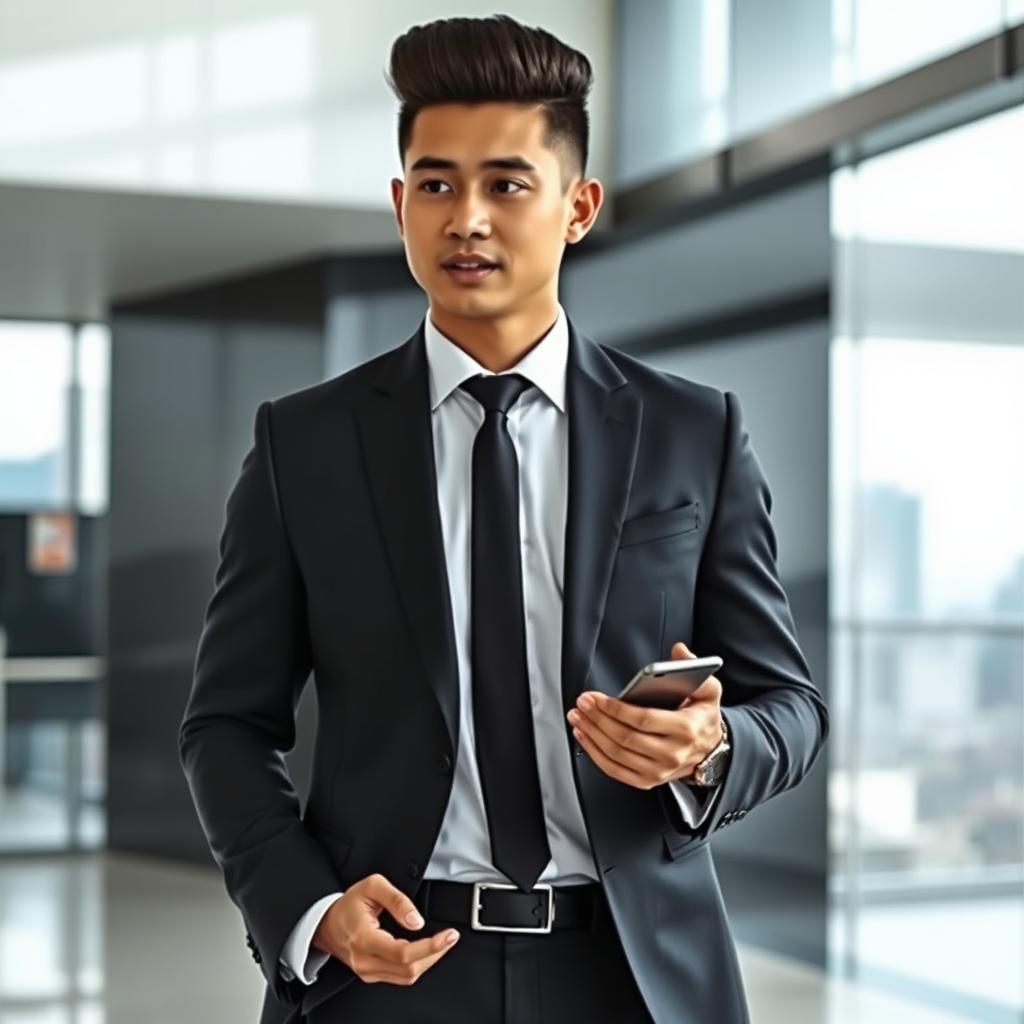 A handsome Indonesian Asian man with a stylish high haircut, dressed in an elegant business suit