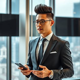 A handsome Indonesian Asian man with a stylish high haircut, dressed in an elegant business suit