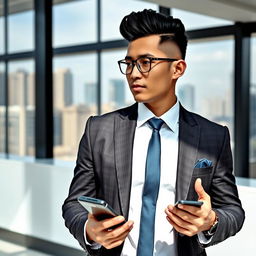 A handsome Indonesian Asian man with a stylish high haircut, dressed in an elegant business suit