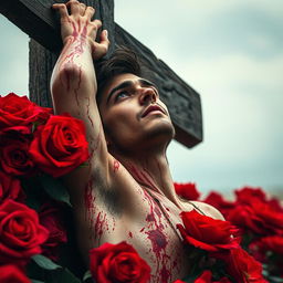 A hauntingly beautiful novel cover featuring a young man crucified on a field of vibrant red roses