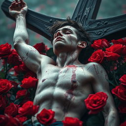 A hauntingly beautiful novel cover featuring a young man crucified on a field of vibrant red roses