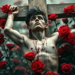 A hauntingly beautiful novel cover featuring a young man crucified on a field of vibrant red roses