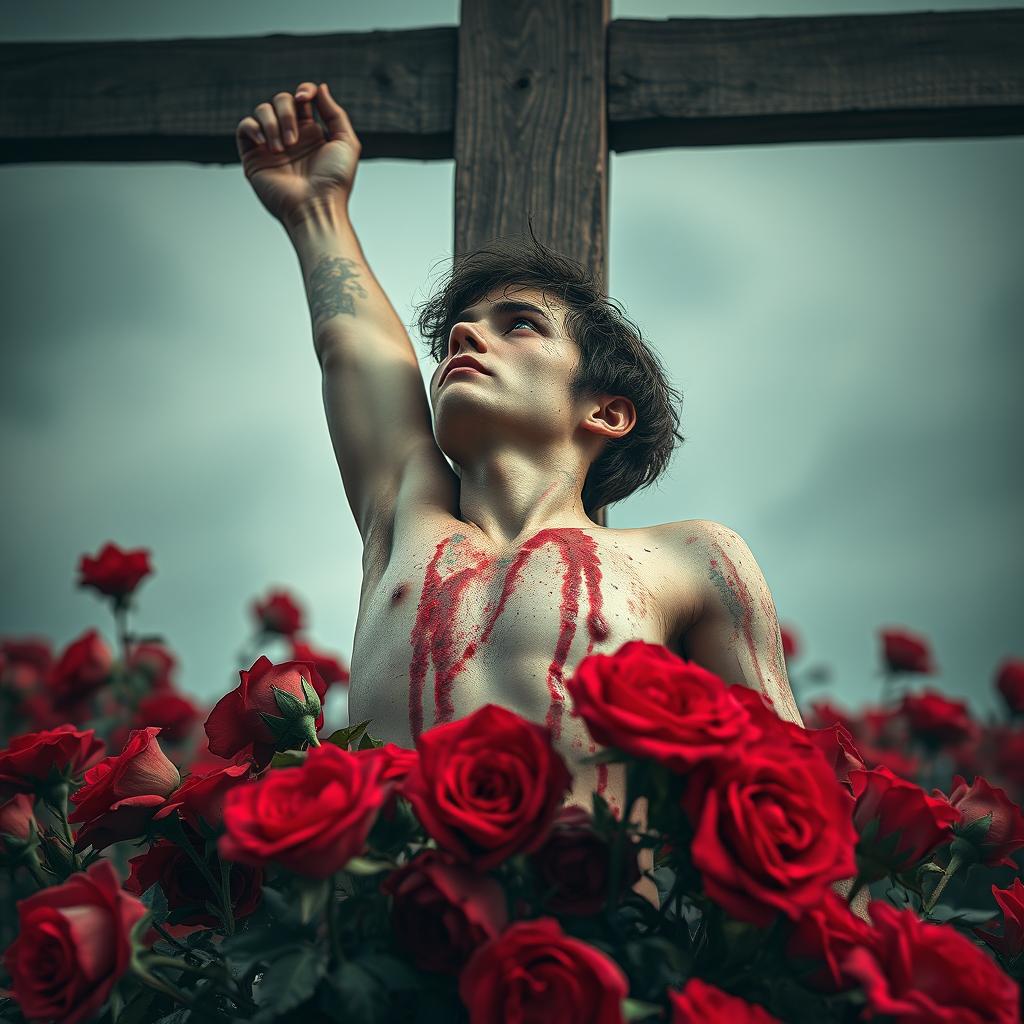 A hauntingly beautiful novel cover featuring a young man crucified on a field of vibrant red roses