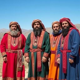 A group of Kurdish men dressed in traditional Kurdish clothing, featuring vibrant colors and intricate patterns