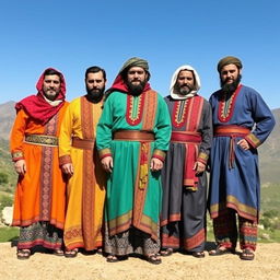 A group of Kurdish men dressed in traditional Kurdish clothing, featuring vibrant colors and intricate patterns