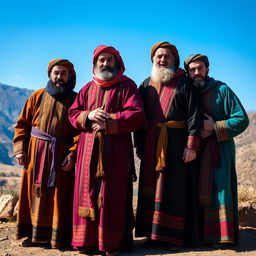 A group of Kurdish men dressed in traditional Kurdish clothing, featuring vibrant colors and intricate patterns