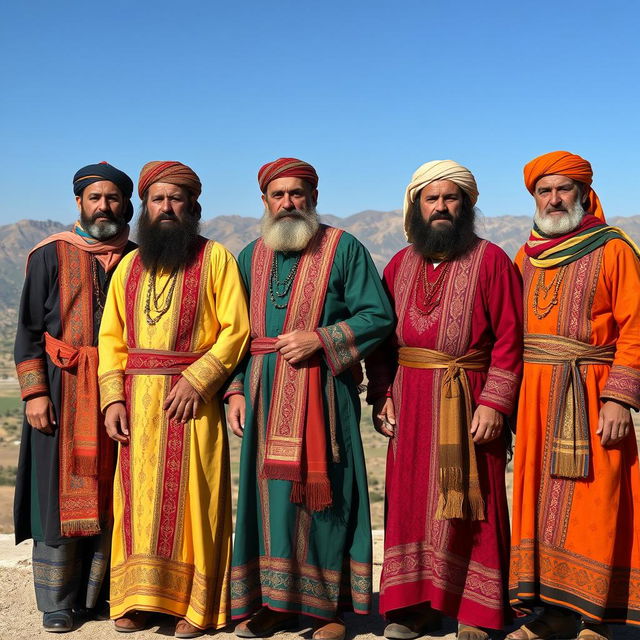 A group of Kurdish men dressed in traditional Kurdish clothing, featuring vibrant colors and intricate patterns