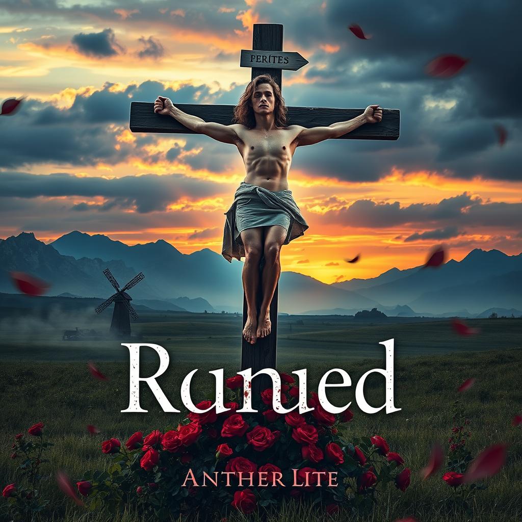 A dramatic book cover featuring the protagonist crucified on a wooden cross in a field, with one hand amputated and one eye wounded