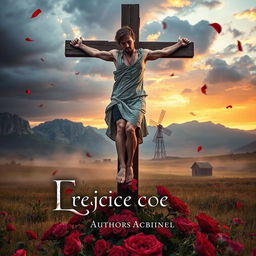 A dramatic book cover featuring the protagonist crucified on a wooden cross in a field, with one hand amputated and one eye wounded