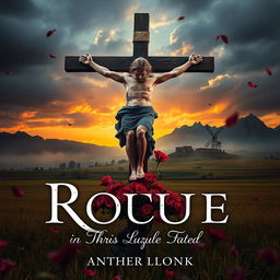 A dramatic book cover featuring the protagonist crucified on a wooden cross in a field, with one hand amputated and one eye wounded