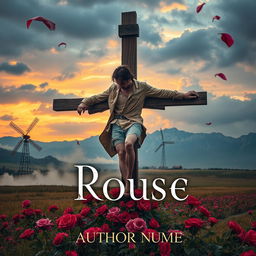 A dramatic book cover featuring the protagonist crucified on a wooden cross in a field, with one hand amputated and one eye wounded