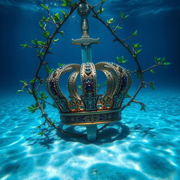 A majestic royal crown, elaborately designed with gemstones, is pierced by a sharp dagger, surrounded by lush green tree branches intertwining around it