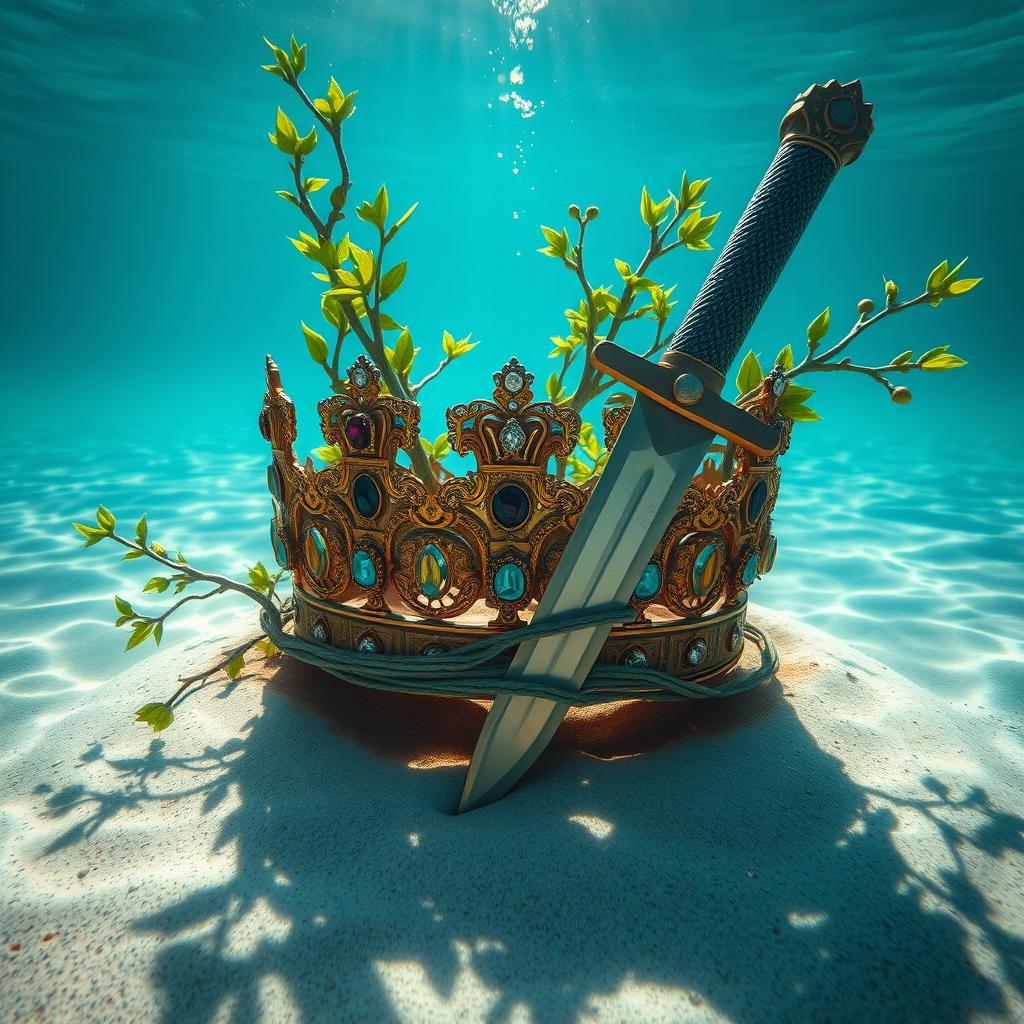 A majestic royal crown, elaborately designed with gemstones, is pierced by a sharp dagger, surrounded by lush green tree branches intertwining around it