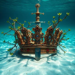 A majestic royal crown, elaborately designed with gemstones, is pierced by a sharp dagger, surrounded by lush green tree branches intertwining around it