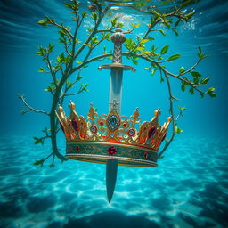 A majestic royal crown, elaborately designed with gemstones, is pierced by a sharp dagger, surrounded by lush green tree branches intertwining around it