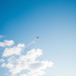 A clear blue sky filled with soft, fluffy white clouds, featuring a single airplane crossing the sky, leaving a faint contrail behind