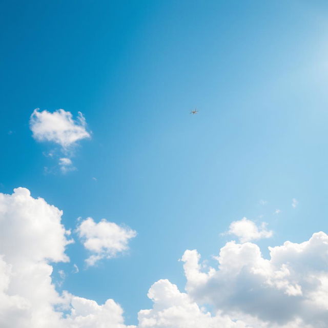 A clear blue sky filled with soft, fluffy white clouds, featuring a single airplane crossing the sky, leaving a faint contrail behind