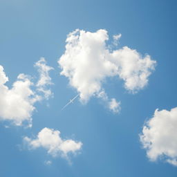 A clear blue sky filled with soft, fluffy white clouds, featuring a single airplane crossing the sky, leaving a faint contrail behind