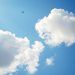 A clear blue sky filled with soft, fluffy white clouds, featuring a single airplane crossing the sky, leaving a faint contrail behind