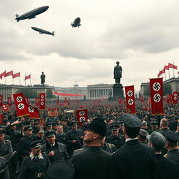 A historical scene depicting a propaganda rally in Nazi Germany, featuring an expansive crowd dressed in 1930s German attire, with banners displaying swastikas in a grand open square