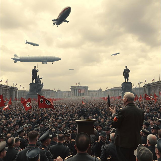 A historical scene depicting a propaganda rally in Nazi Germany, featuring an expansive crowd dressed in 1930s German attire, with banners displaying swastikas in a grand open square