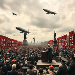 A historical scene depicting a propaganda rally in Nazi Germany, featuring an expansive crowd dressed in 1930s German attire, with banners displaying swastikas in a grand open square