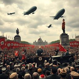 A historical scene depicting a propaganda rally in Nazi Germany, featuring an expansive crowd dressed in 1930s German attire, with banners displaying swastikas in a grand open square