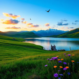 A serene landscape at sunrise, featuring rolling hills covered in vibrant green grass and a clear blue sky with soft, fluffy clouds
