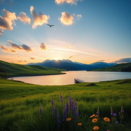 A serene landscape at sunrise, featuring rolling hills covered in vibrant green grass and a clear blue sky with soft, fluffy clouds