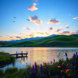 A serene landscape at sunrise, featuring rolling hills covered in vibrant green grass and a clear blue sky with soft, fluffy clouds