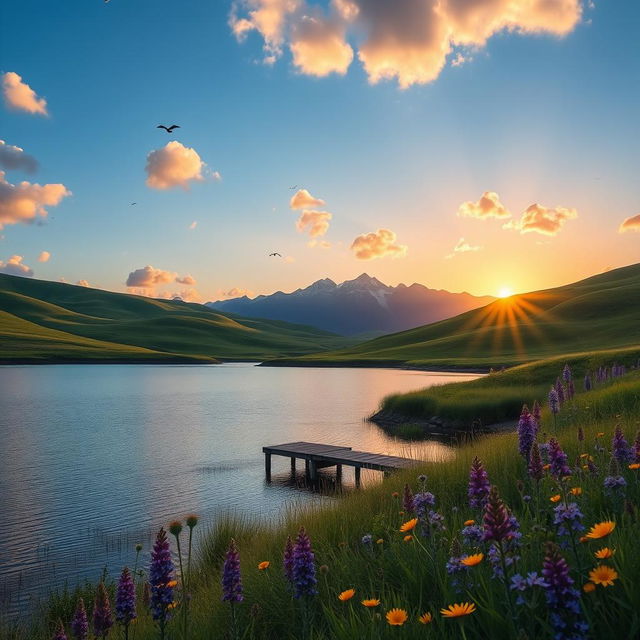 A serene landscape at sunrise, featuring rolling hills covered in vibrant green grass and a clear blue sky with soft, fluffy clouds