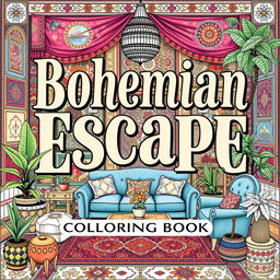 A captivating cover for the book titled 'Bohemian Escape: Relaxing Coloring Book'