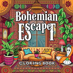 A captivating cover for the book titled 'Bohemian Escape: Relaxing Coloring Book'
