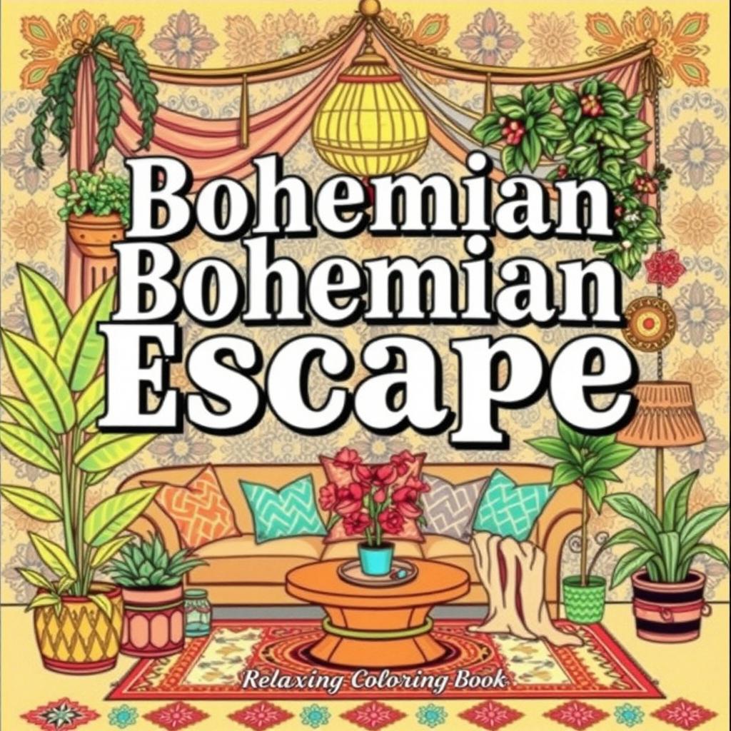 A captivating cover design for the book titled 'Bohemian Escape: Relaxing Coloring Book'