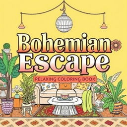 A captivating cover design for the book titled 'Bohemian Escape: Relaxing Coloring Book'