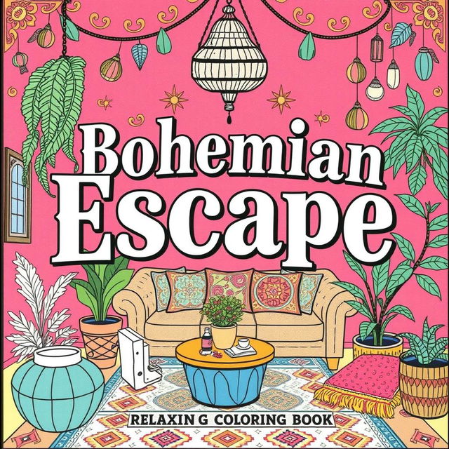 A captivating cover design for the book titled 'Bohemian Escape: Relaxing Coloring Book'