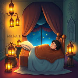 A whimsical and colorful illustration depicting the night of Laylat al-Ma-Bayt, where Imam Ali is sleeping peacefully in the Prophet's bed