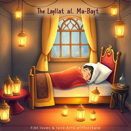 A whimsical and colorful illustration depicting the night of Laylat al-Ma-Bayt, where Imam Ali is sleeping peacefully in the Prophet's bed