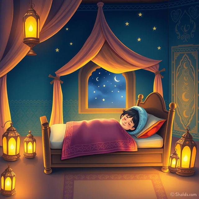 A whimsical and colorful illustration depicting the night of Laylat al-Ma-Bayt, where Imam Ali is sleeping peacefully in the Prophet's bed